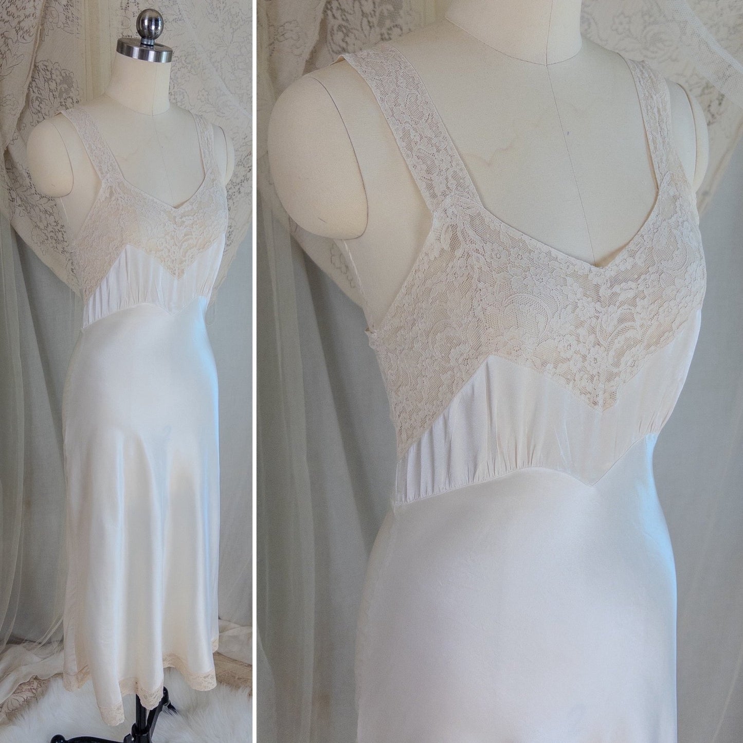 1940's Slip - Pearly White Rayon Satin with Ivory Cotton Lace by Fischer Heavenly Lingerie | XS - Daggers & Dames