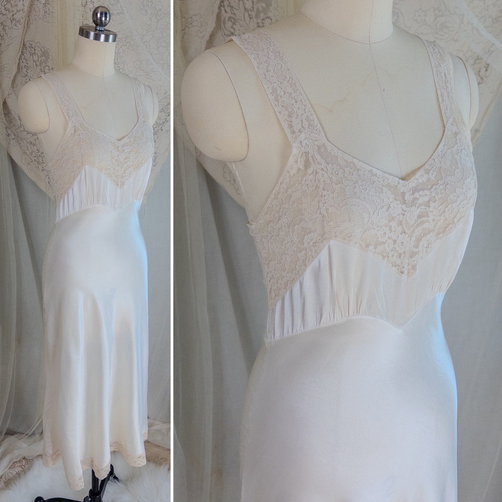 1940's Slip - Pearly White Rayon Satin with Ivory Cotton Lace by Fischer Heavenly Lingerie | XS - Daggers & Dames