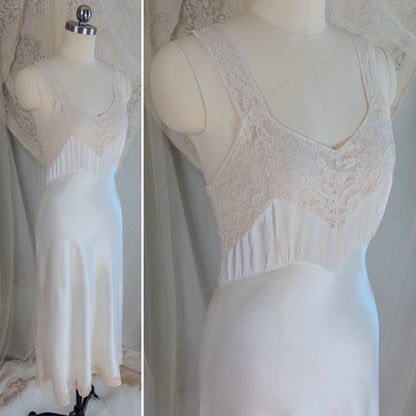 1940's Slip - Pearly White Rayon Satin with Ivory Cotton Lace by Fischer Heavenly Lingerie | XS - Daggers & Dames
