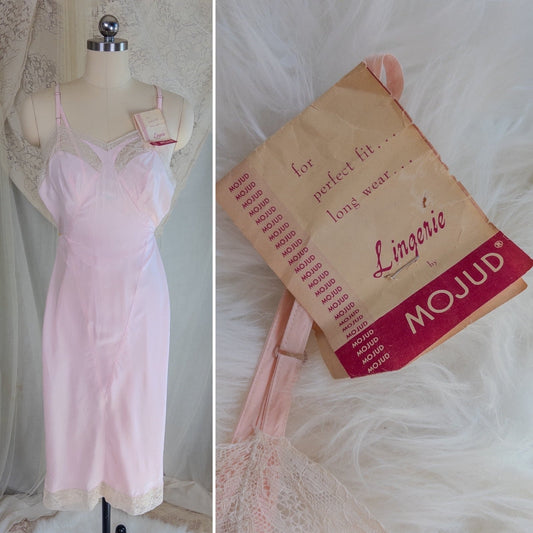 1940's Slip - Rose Pink Rayon with Diamond Insert & Nude Lace by Mojud, New with Tags | XXS, XS - Daggers & Dames