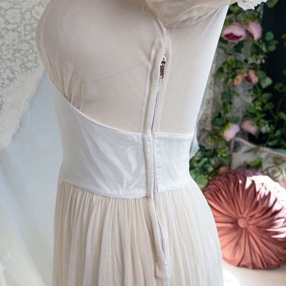 1940s Wedding Dress - Sheer Warm Ivory Rayon Chiffon with Princess Puffed Sleeves | XXS, XS - Daggers & Dames