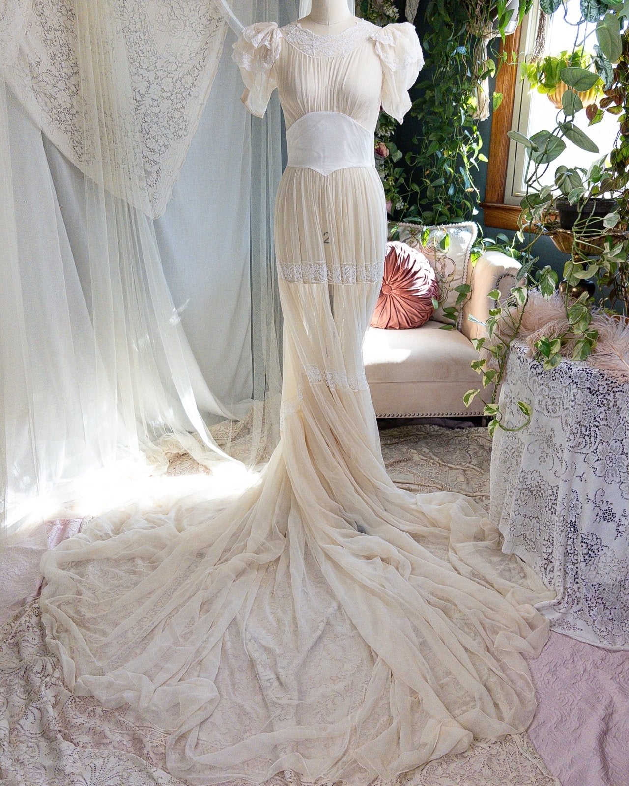 1940s Wedding Dress - Sheer Warm Ivory Rayon Chiffon with Princess Puffed Sleeves | XXS, XS - Daggers & Dames