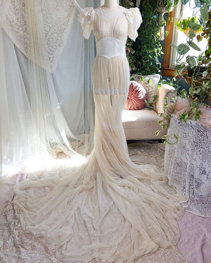 1940s Wedding Dress - Sheer Warm Ivory Rayon Chiffon with Princess Puffed Sleeves | XXS, XS - Daggers & Dames