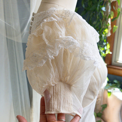 1940s Wedding Dress - Sheer Warm Ivory Rayon Chiffon with Princess Puffed Sleeves | XXS, XS - Daggers & Dames