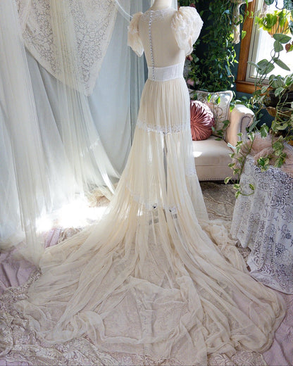 1940s Wedding Dress - Sheer Warm Ivory Rayon Chiffon with Princess Puffed Sleeves | XXS, XS - Daggers & Dames