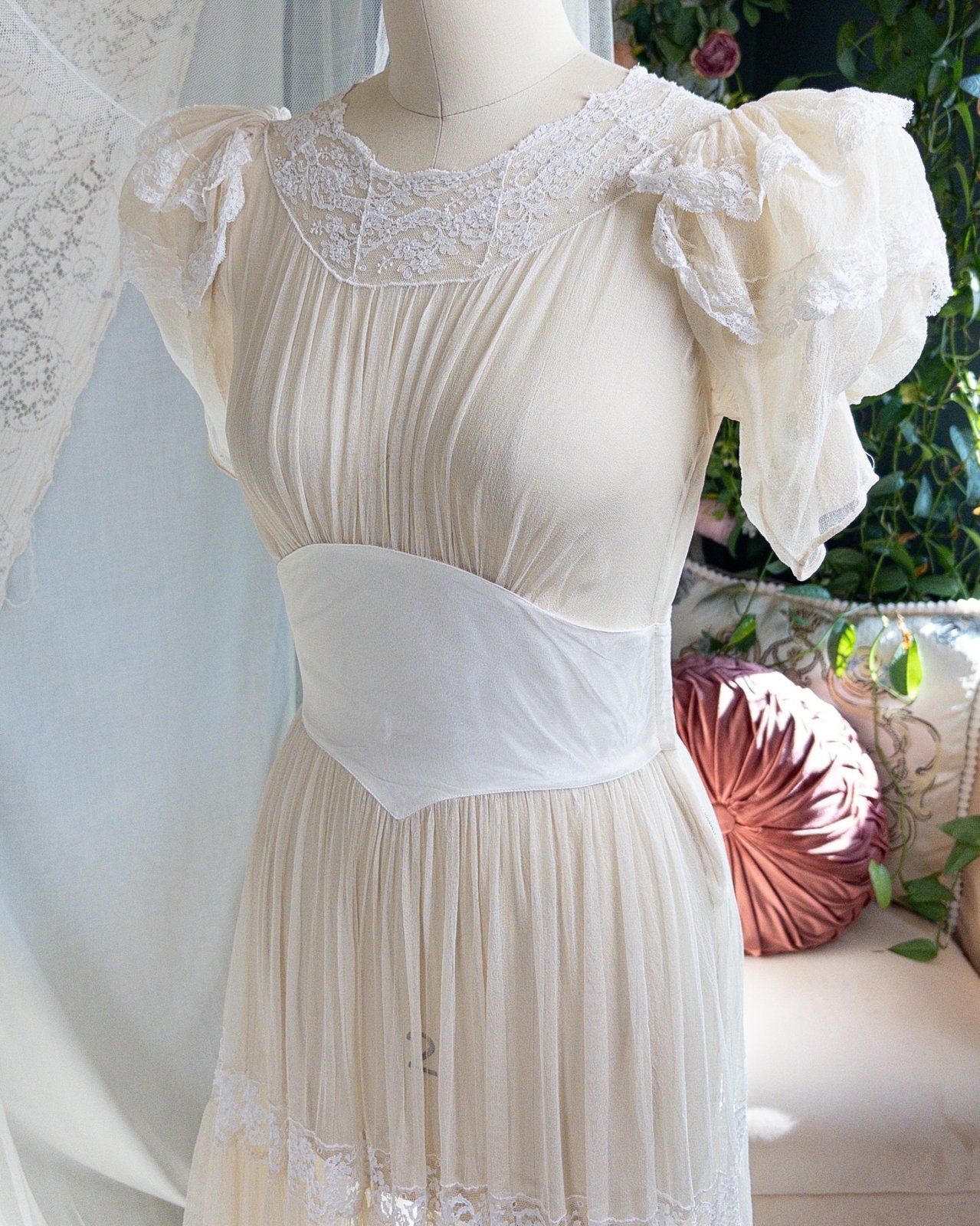 1940s Wedding Dress - Sheer Warm Ivory Rayon Chiffon with Princess Puffed Sleeves | XXS, XS - Daggers & Dames