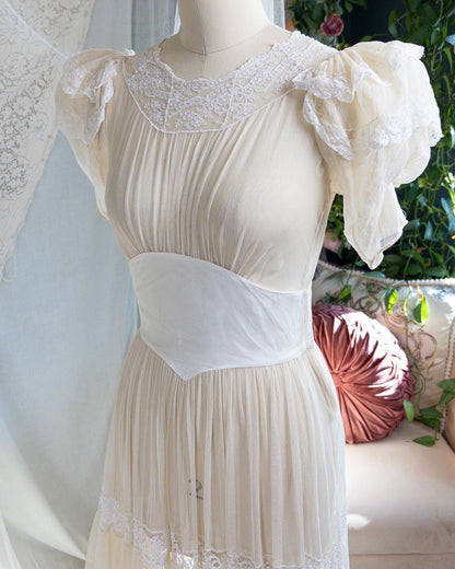 1940s Wedding Dress - Sheer Warm Ivory Rayon Chiffon with Princess Puffed Sleeves | XXS, XS - Daggers & Dames