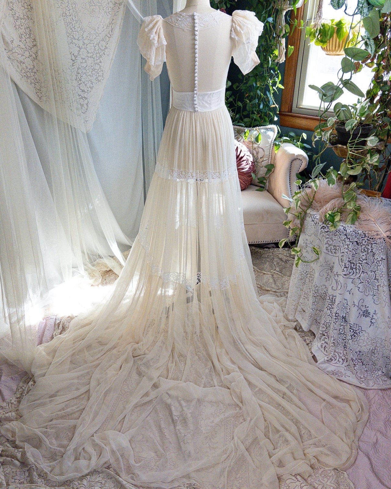 1940s Wedding Dress - Sheer Warm Ivory Rayon Chiffon with Princess Puffed Sleeves | XXS, XS - Daggers & Dames