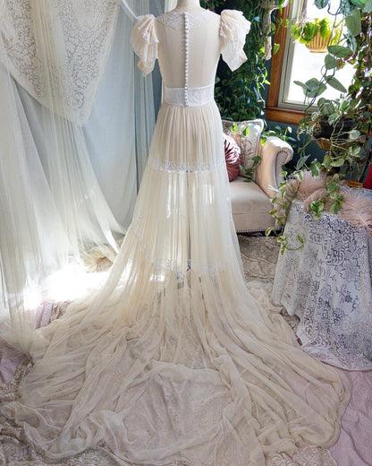 1940s Wedding Dress - Sheer Warm Ivory Rayon Chiffon with Princess Puffed Sleeves | XXS, XS - Daggers & Dames