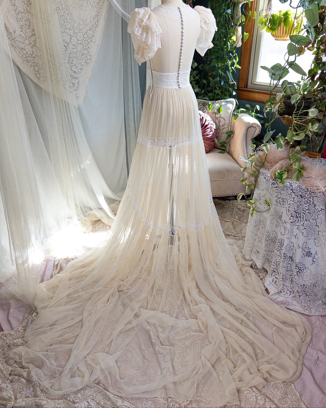 1940s Wedding Dress - Sheer Warm Ivory Rayon Chiffon with Princess Puffed Sleeves | XXS, XS - Daggers & Dames