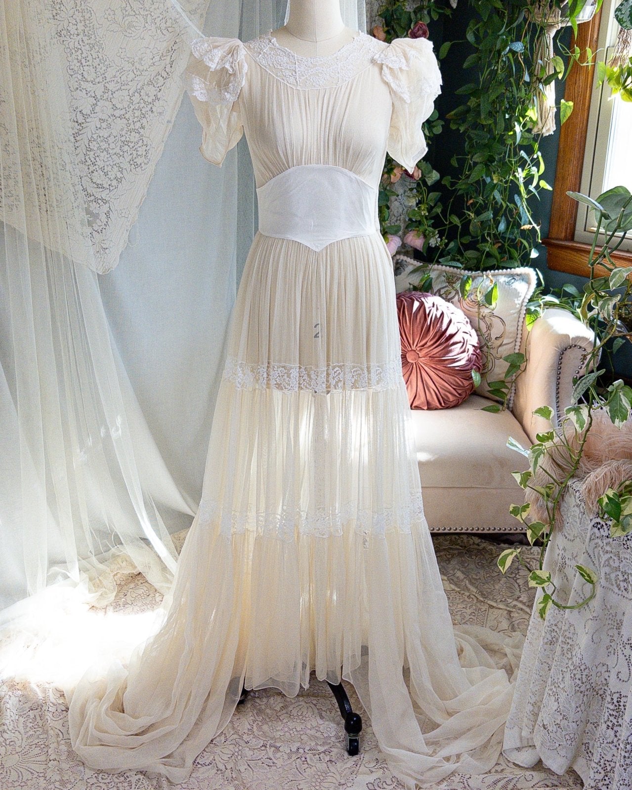 1940s Wedding Dress - Sheer Warm Ivory Rayon Chiffon with Princess Puffed Sleeves | XXS, XS - Daggers & Dames