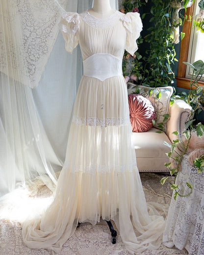 1940s Wedding Dress - Sheer Warm Ivory Rayon Chiffon with Princess Puffed Sleeves | XXS, XS - Daggers & Dames