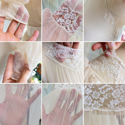 1940s Wedding Dress - Sheer Warm Ivory Rayon Chiffon with Princess Puffed Sleeves | XXS, XS - Daggers & Dames