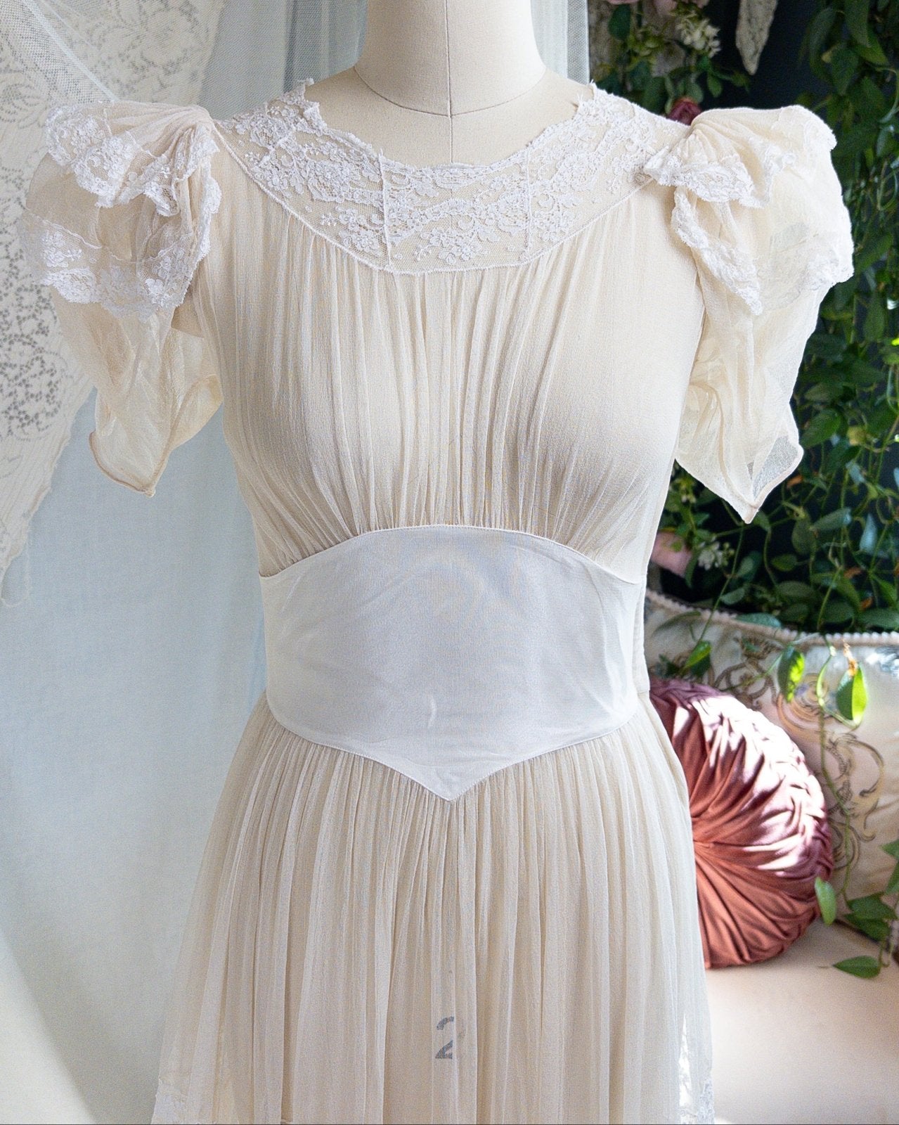 1940s Wedding Dress - Sheer Warm Ivory Rayon Chiffon with Princess Puffed Sleeves | XXS, XS - Daggers & Dames