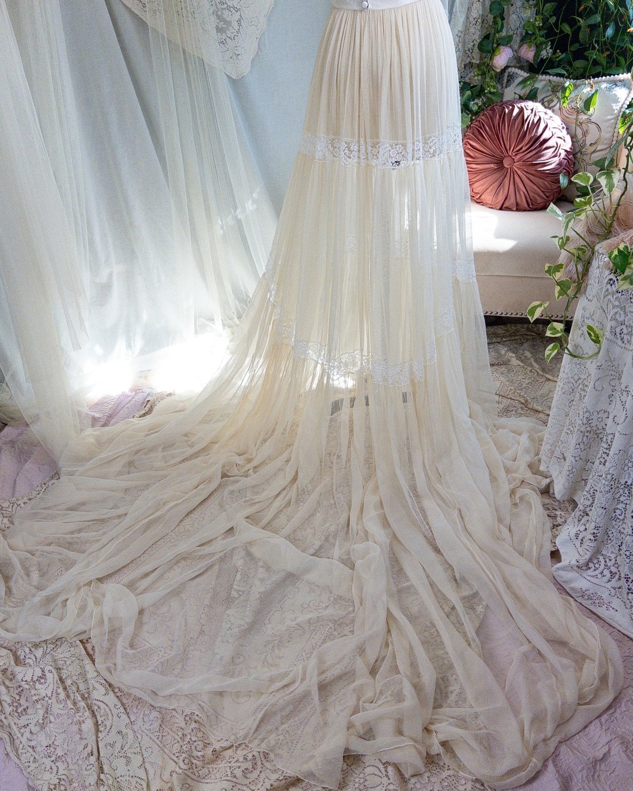 1940s Wedding Dress - Sheer Warm Ivory Rayon Chiffon with Princess Puffed Sleeves | XXS, XS - Daggers & Dames