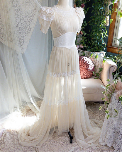 1940s Wedding Dress - Sheer Warm Ivory Rayon Chiffon with Princess Puffed Sleeves | XXS, XS - Daggers & Dames