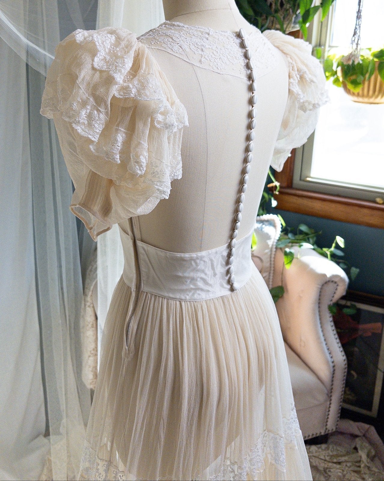 1940s Wedding Dress - Sheer Warm Ivory Rayon Chiffon with Princess Puffed Sleeves | XXS, XS - Daggers & Dames