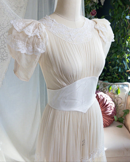 1940s Wedding Dress - Sheer Warm Ivory Rayon Chiffon with Princess Puffed Sleeves | XXS, XS - Daggers & Dames