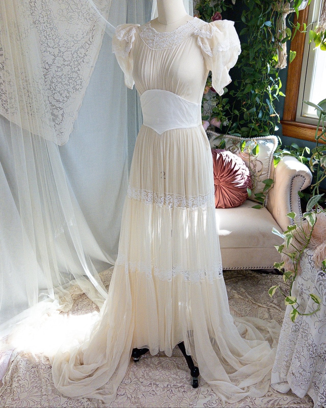 1940s Wedding Dress - Sheer Warm Ivory Rayon Chiffon with Princess Puffed Sleeves | XXS, XS - Daggers & Dames