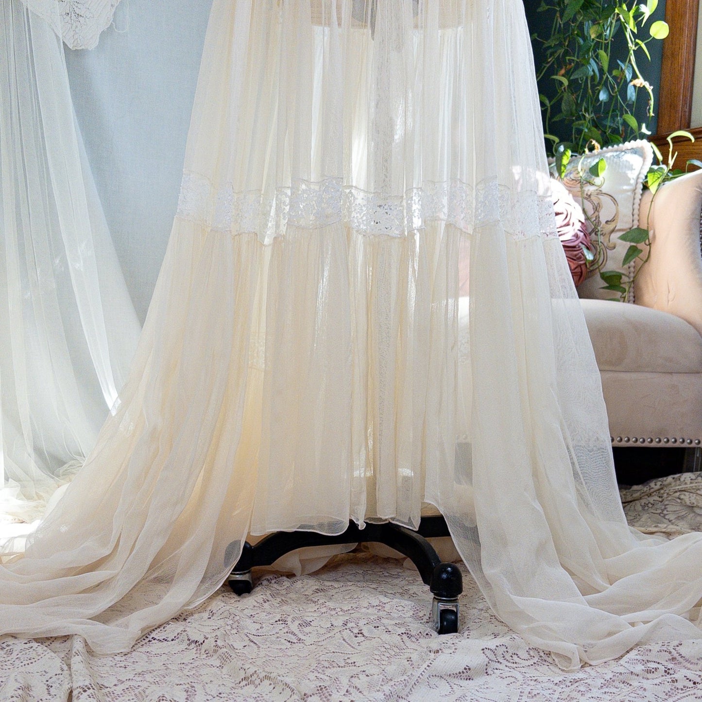 1940s Wedding Dress - Sheer Warm Ivory Rayon Chiffon with Princess Puffed Sleeves | XXS, XS - Daggers & Dames