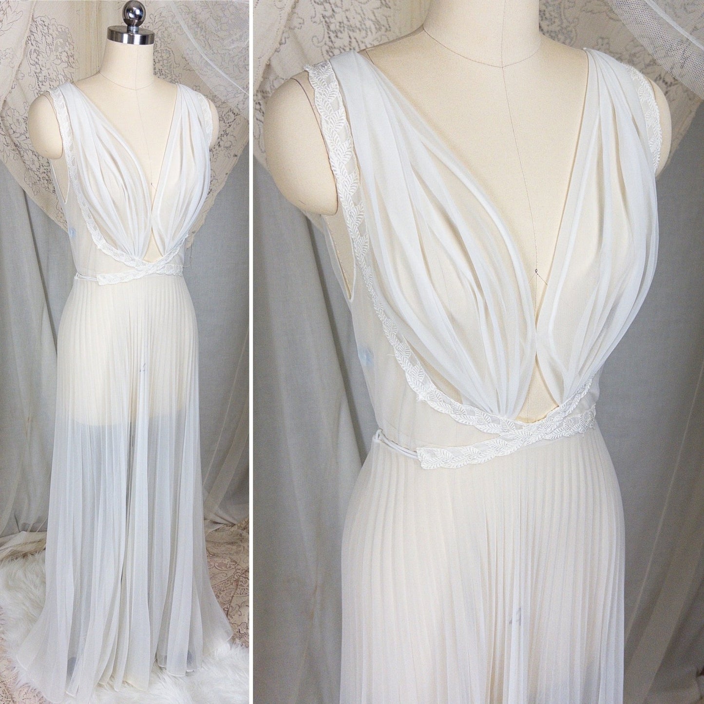 1950s - 1960s Grecian Nightgown - Sheer White Nylon Chiffon with Keyhole Neckline & Pleated Skirt by Carter's | Small, Medium - Daggers & Dames