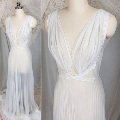 1950s - 1960s Grecian Nightgown - Sheer White Nylon Chiffon with Keyhole Neckline & Pleated Skirt by Carter's | Small, Medium - Daggers & Dames