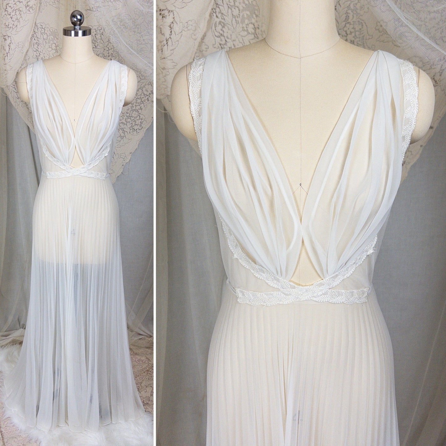 1950s - 1960s Grecian Nightgown - Sheer White Nylon Chiffon with Keyhole Neckline & Pleated Skirt by Carter's | Small, Medium - Daggers & Dames