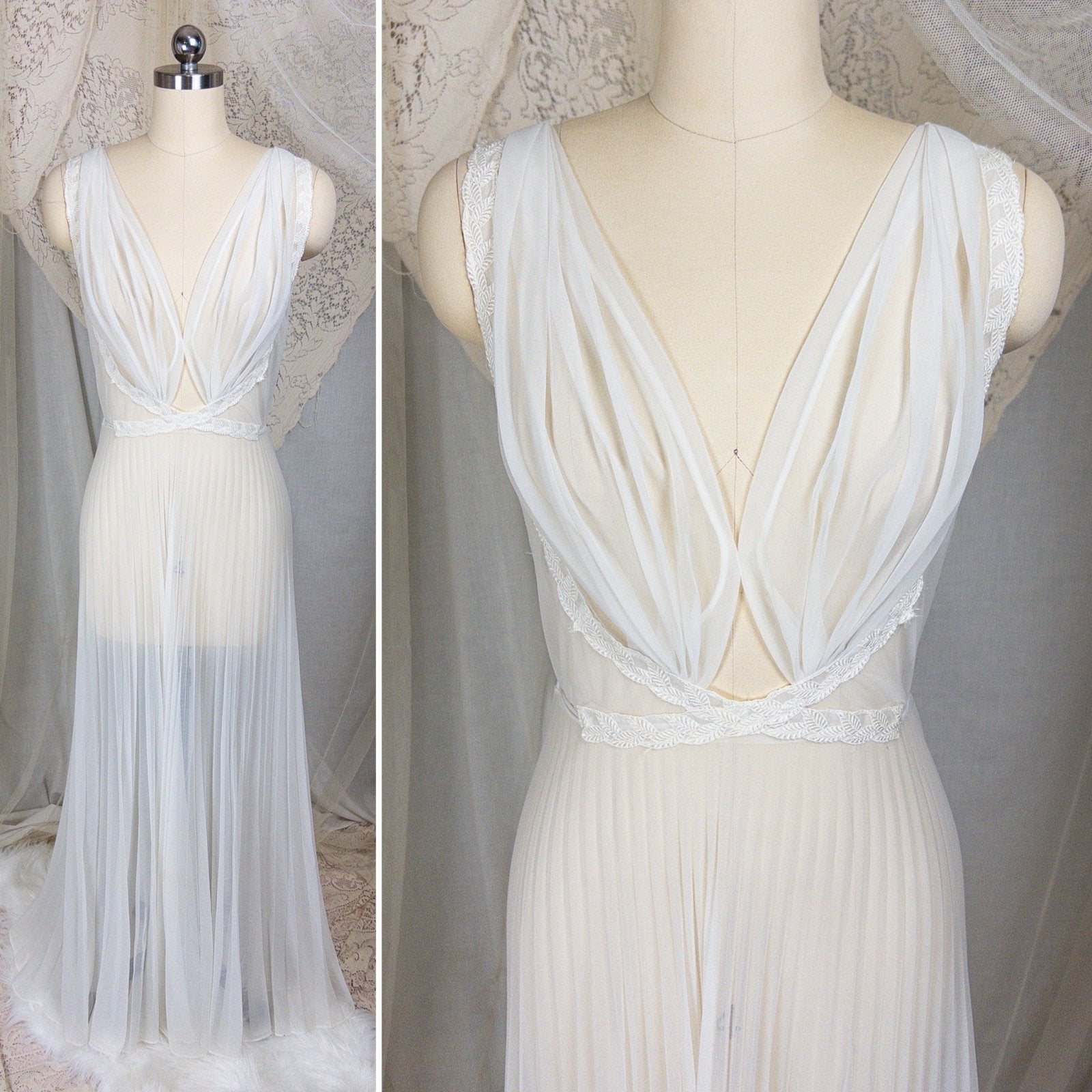 1950s - 1960s Grecian Nightgown - Sheer White Nylon Chiffon with Keyhole Neckline & Pleated Skirt by Carter's | Small, Medium - Daggers & Dames