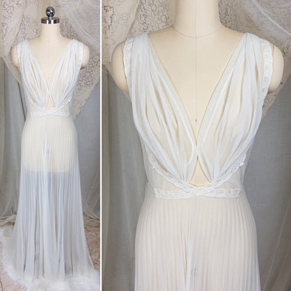 1950s - 1960s Grecian Nightgown - Sheer White Nylon Chiffon with Keyhole Neckline & Pleated Skirt by Carter's | Small, Medium - Daggers & Dames