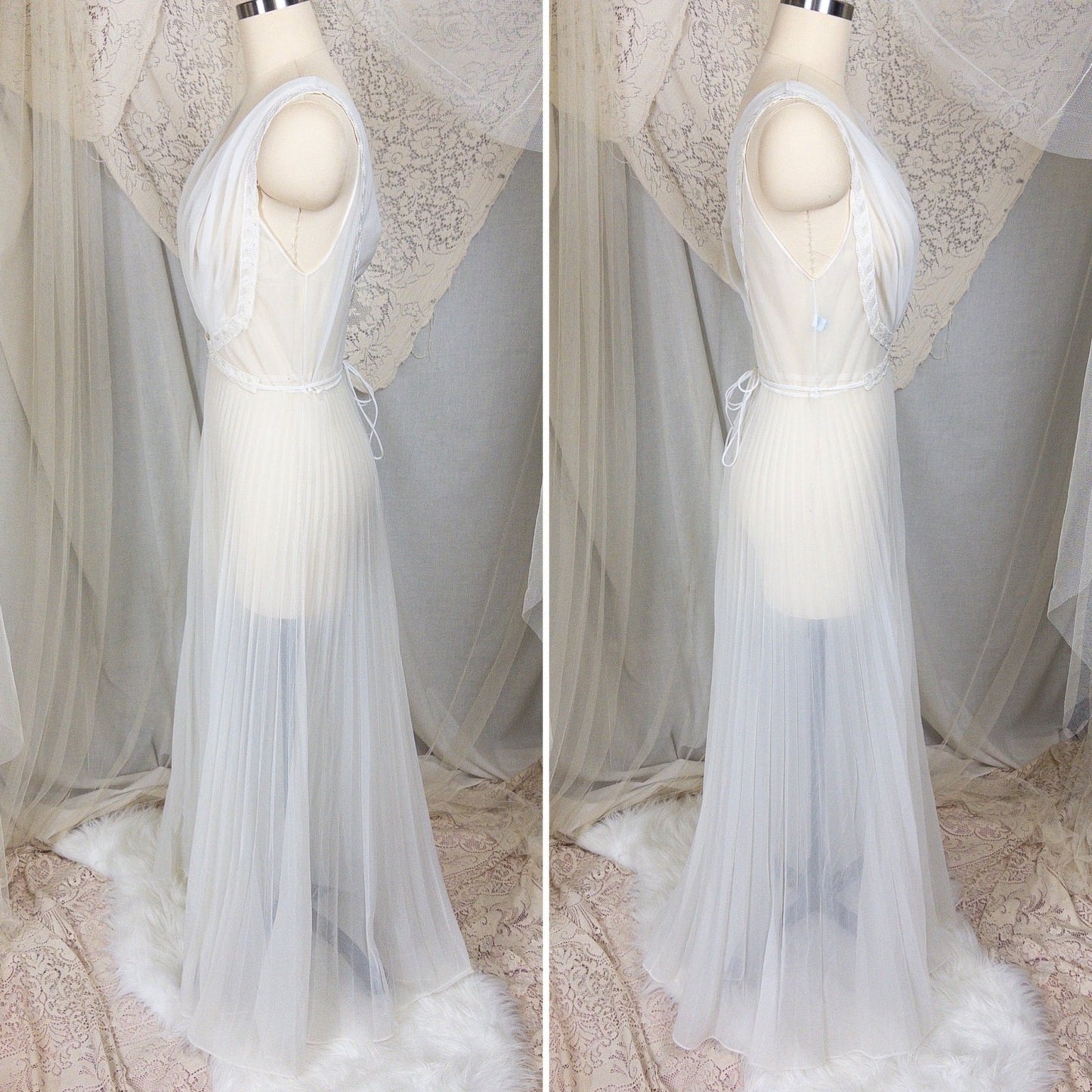 1950s - 1960s Grecian Nightgown - Sheer White Nylon Chiffon with Keyhole Neckline & Pleated Skirt by Carter's | Small, Medium - Daggers & Dames