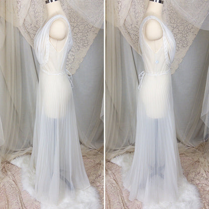 1950s - 1960s Grecian Nightgown - Sheer White Nylon Chiffon with Keyhole Neckline & Pleated Skirt by Carter's | Small, Medium - Daggers & Dames