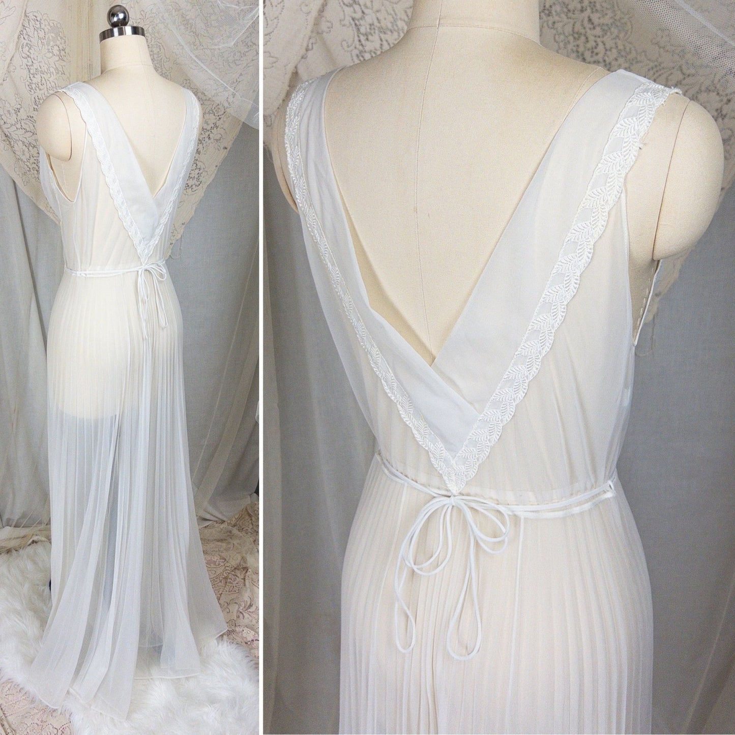 1950s - 1960s Grecian Nightgown - Sheer White Nylon Chiffon with Keyhole Neckline & Pleated Skirt by Carter's | Small, Medium - Daggers & Dames