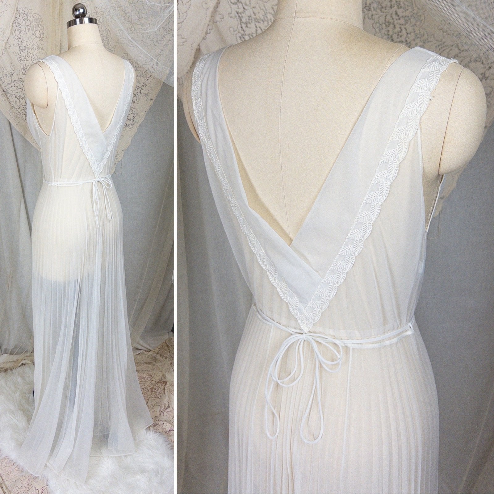 1950s - 1960s Grecian Nightgown - Sheer White Nylon Chiffon with Keyhole Neckline & Pleated Skirt by Carter's | Small, Medium - Daggers & Dames