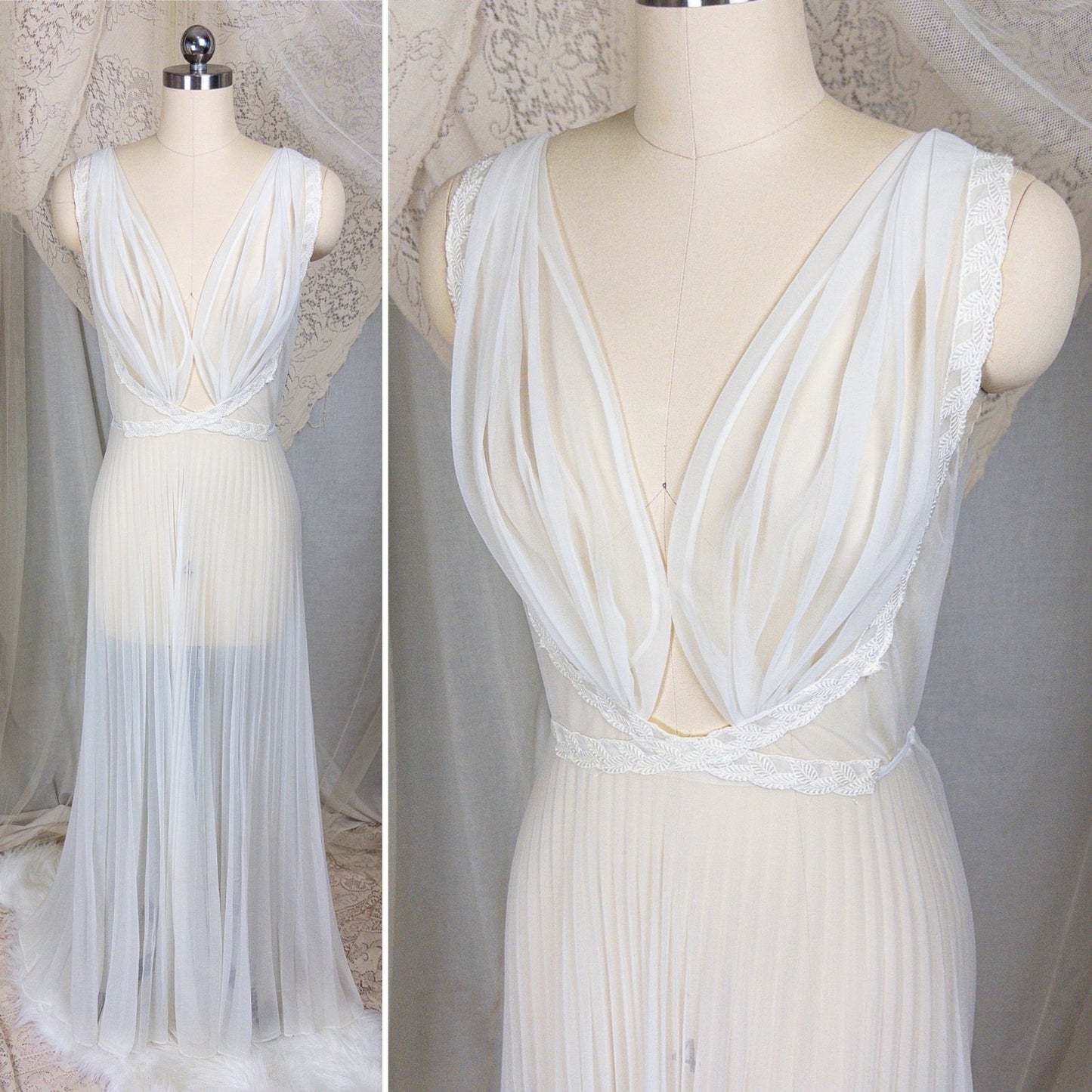 1950s - 1960s Grecian Nightgown - Sheer White Nylon Chiffon with Keyhole Neckline & Pleated Skirt by Carter's | Small, Medium - Daggers & Dames