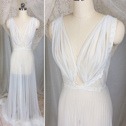 1950s - 1960s Grecian Nightgown - Sheer White Nylon Chiffon with Keyhole Neckline & Pleated Skirt by Carter's | Small, Medium - Daggers & Dames