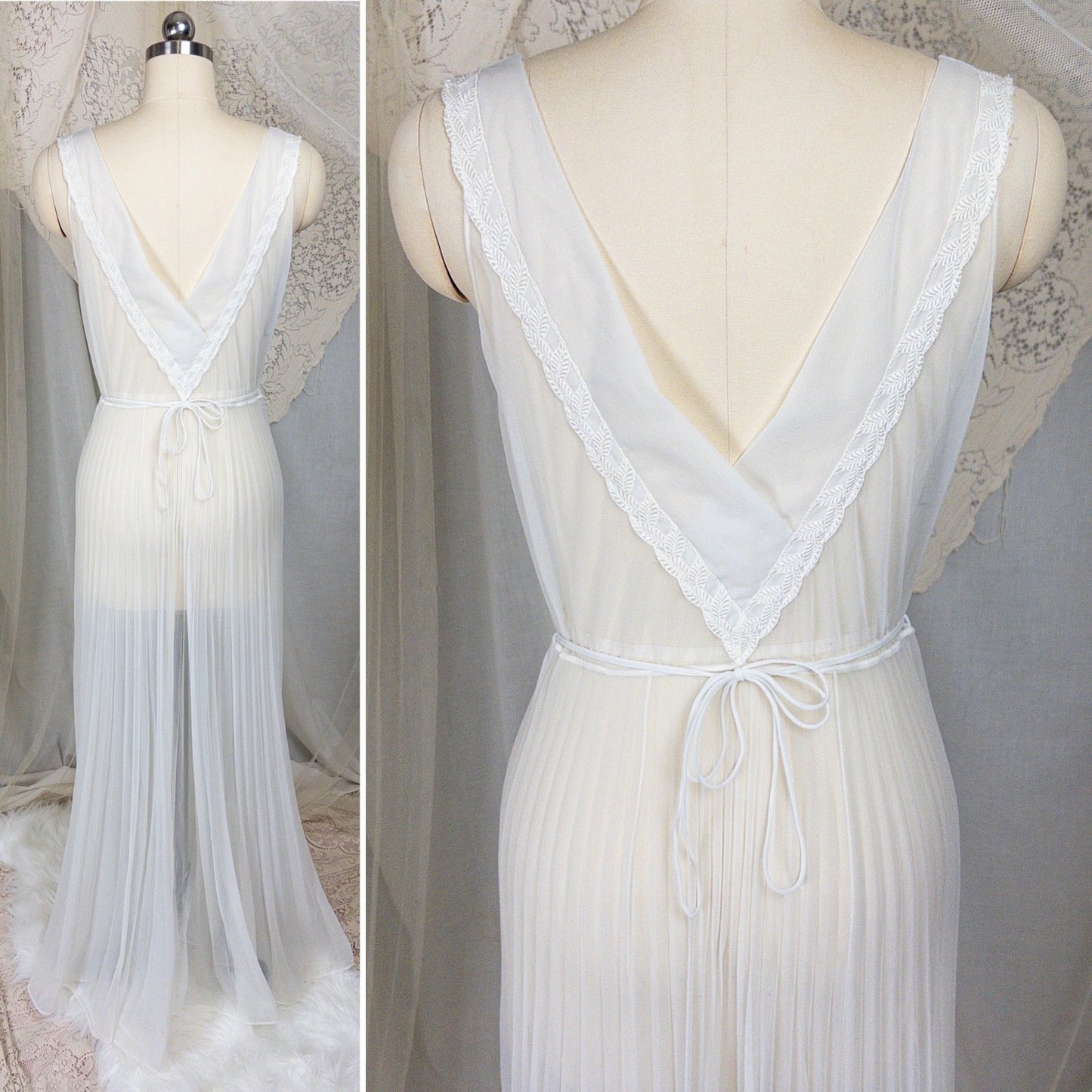 1950s - 1960s Grecian Nightgown - Sheer White Nylon Chiffon with Keyhole Neckline & Pleated Skirt by Carter's | Small, Medium - Daggers & Dames