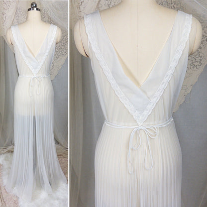 1950s - 1960s Grecian Nightgown - Sheer White Nylon Chiffon with Keyhole Neckline & Pleated Skirt by Carter's | Small, Medium - Daggers & Dames