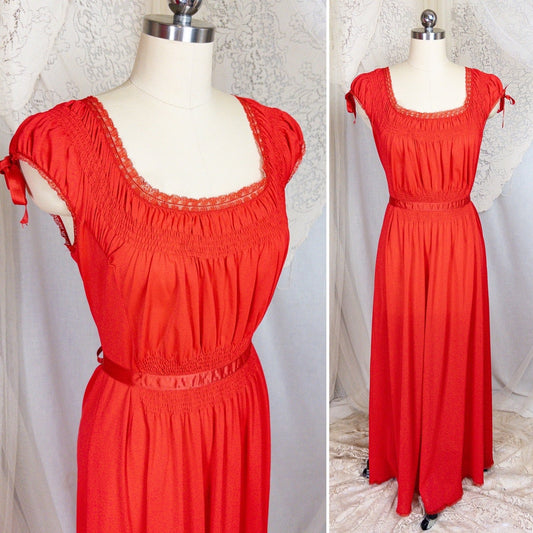1950s - 1960s Nightgown - Crimson Red Nylon with Shirred Detail & Lace Trim by Artemis - Daggers & Dames