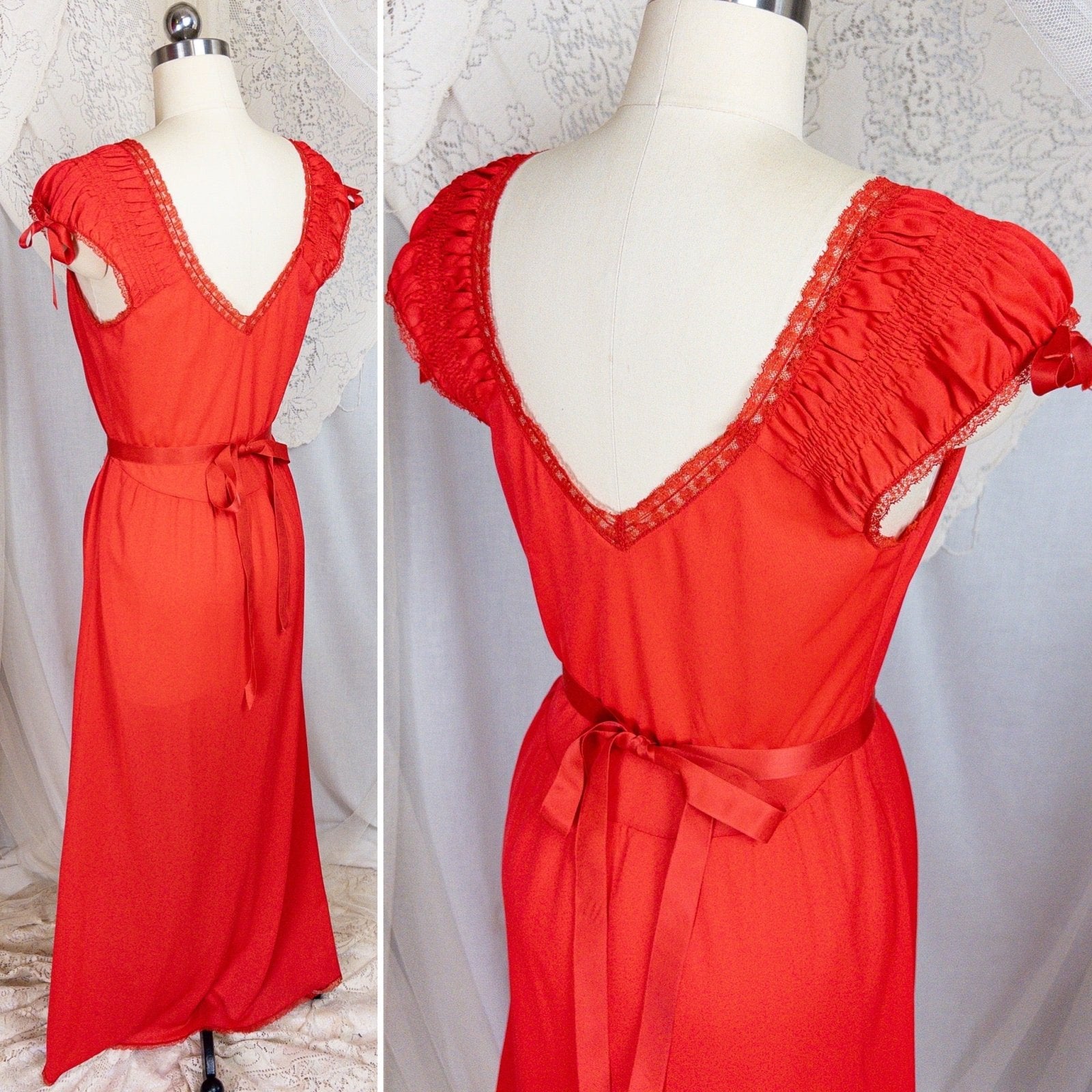 1950s - 1960s Nightgown - Crimson Red Nylon with Shirred Detail & Lace Trim by Artemis - Daggers & Dames