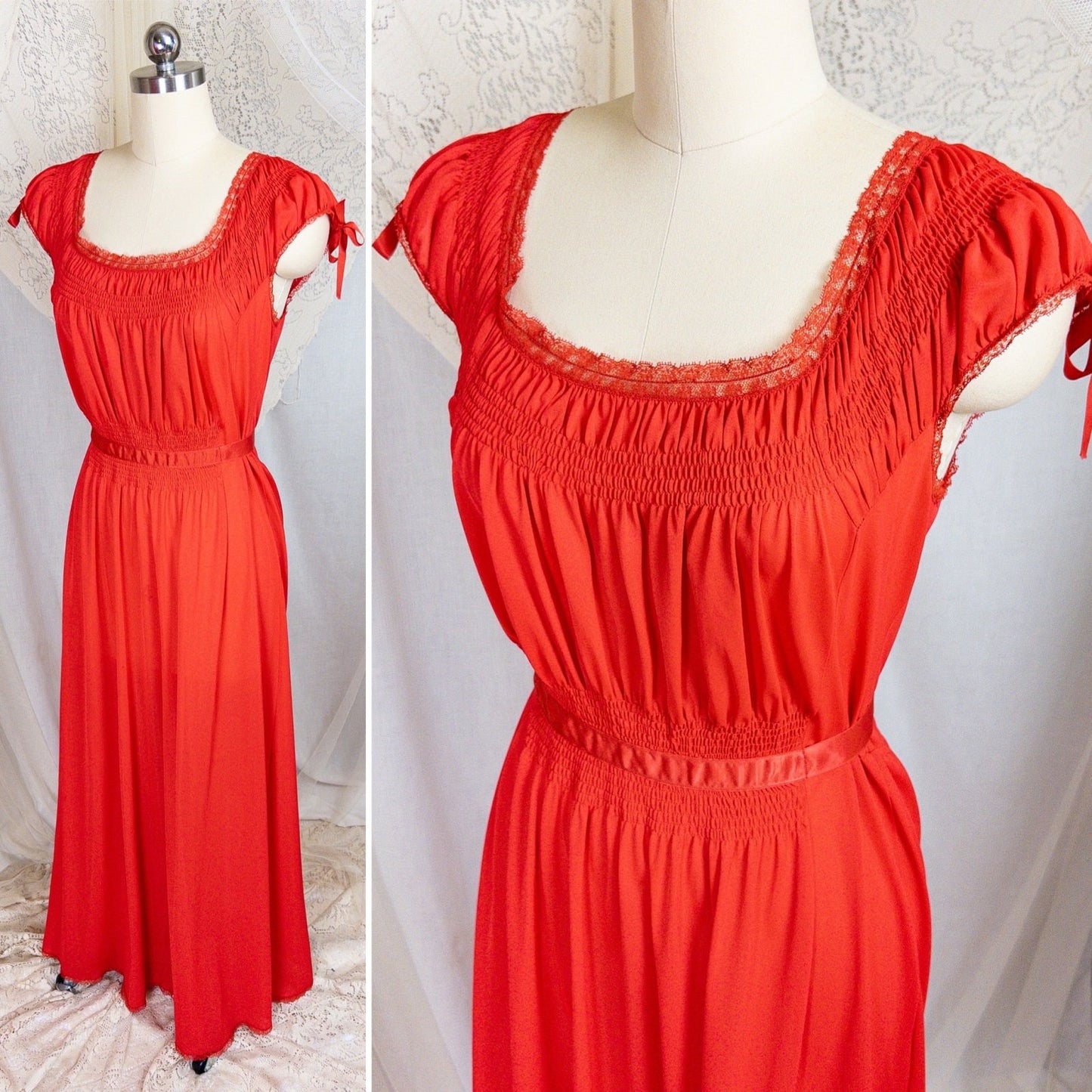 1950s - 1960s Nightgown - Crimson Red Nylon with Shirred Detail & Lace Trim by Artemis - Daggers & Dames