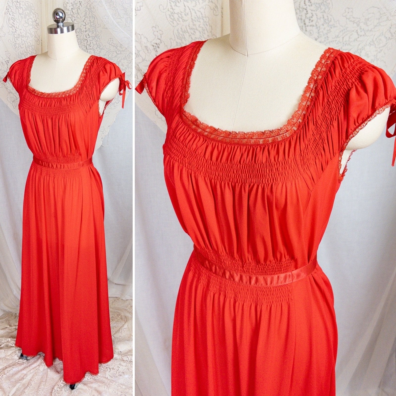 1950s - 1960s Nightgown - Crimson Red Nylon with Shirred Detail & Lace Trim by Artemis - Daggers & Dames