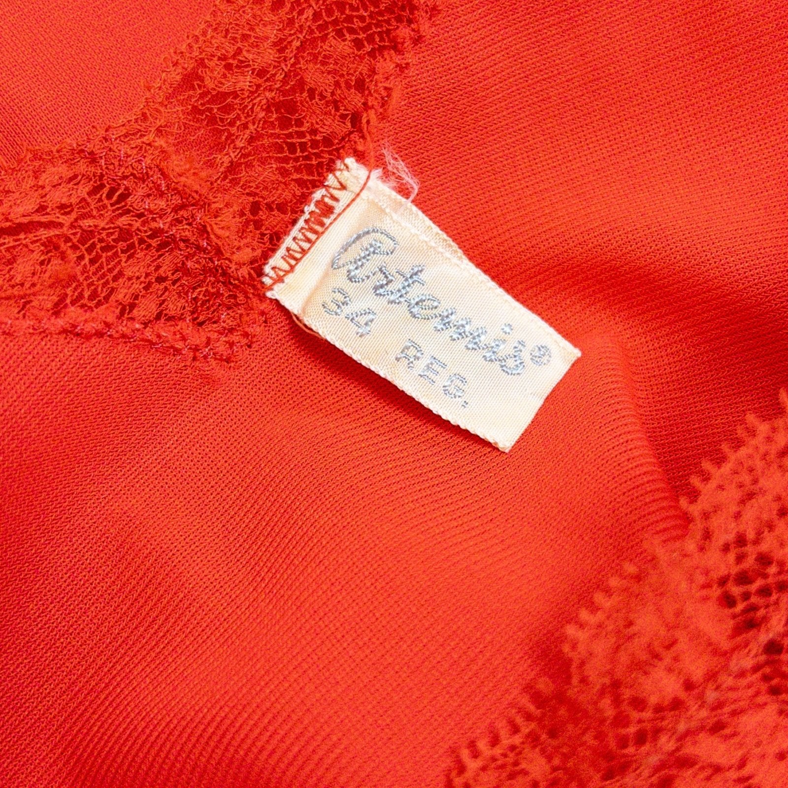 1950s - 1960s Nightgown - Crimson Red Nylon with Shirred Detail & Lace Trim by Artemis - Daggers & Dames
