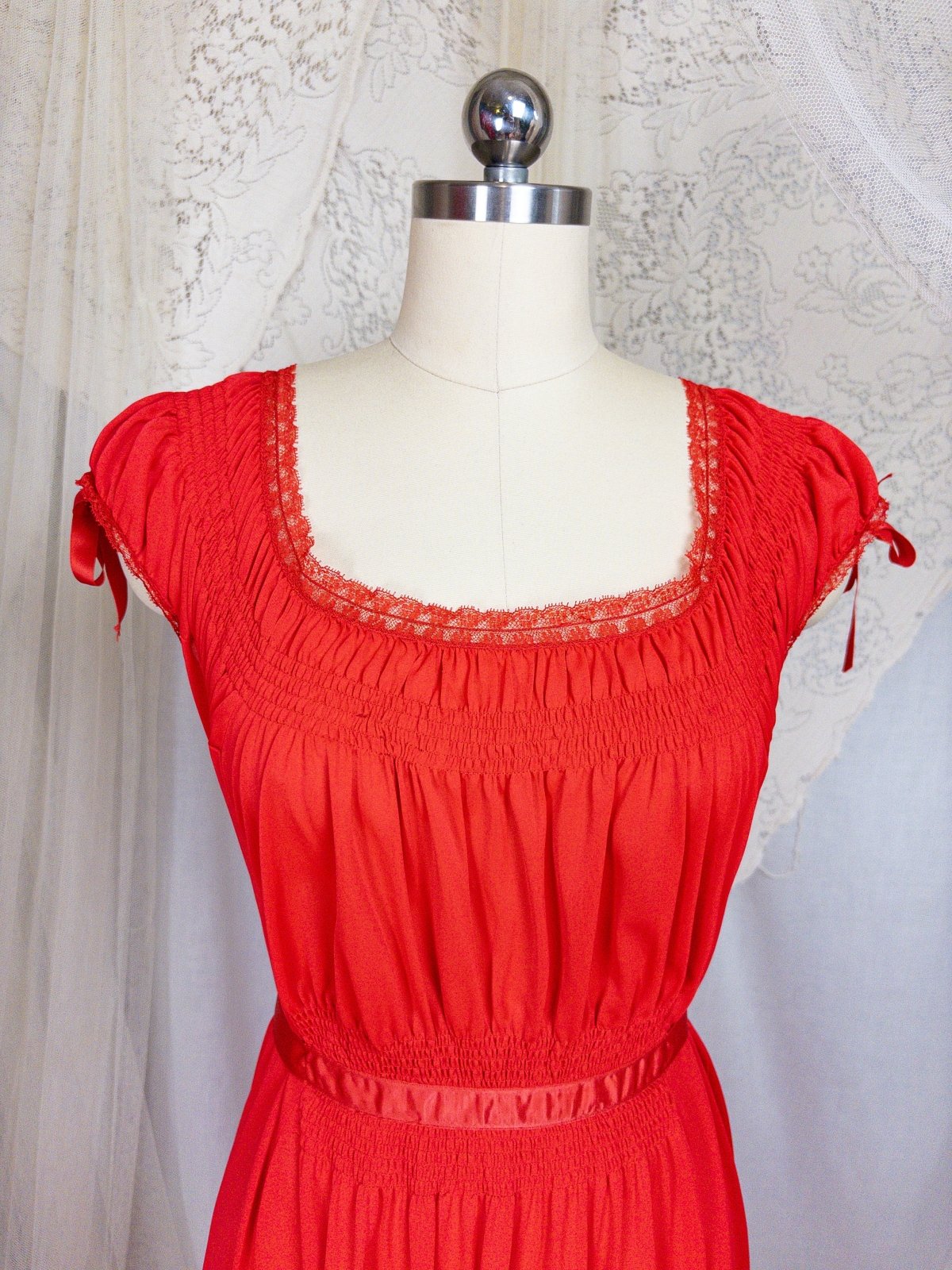 1950s - 1960s Nightgown - Crimson Red Nylon with Shirred Detail & Lace Trim by Artemis - Daggers & Dames