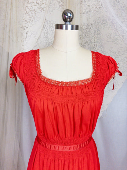 1950s - 1960s Nightgown - Crimson Red Nylon with Shirred Detail & Lace Trim by Artemis - Daggers & Dames