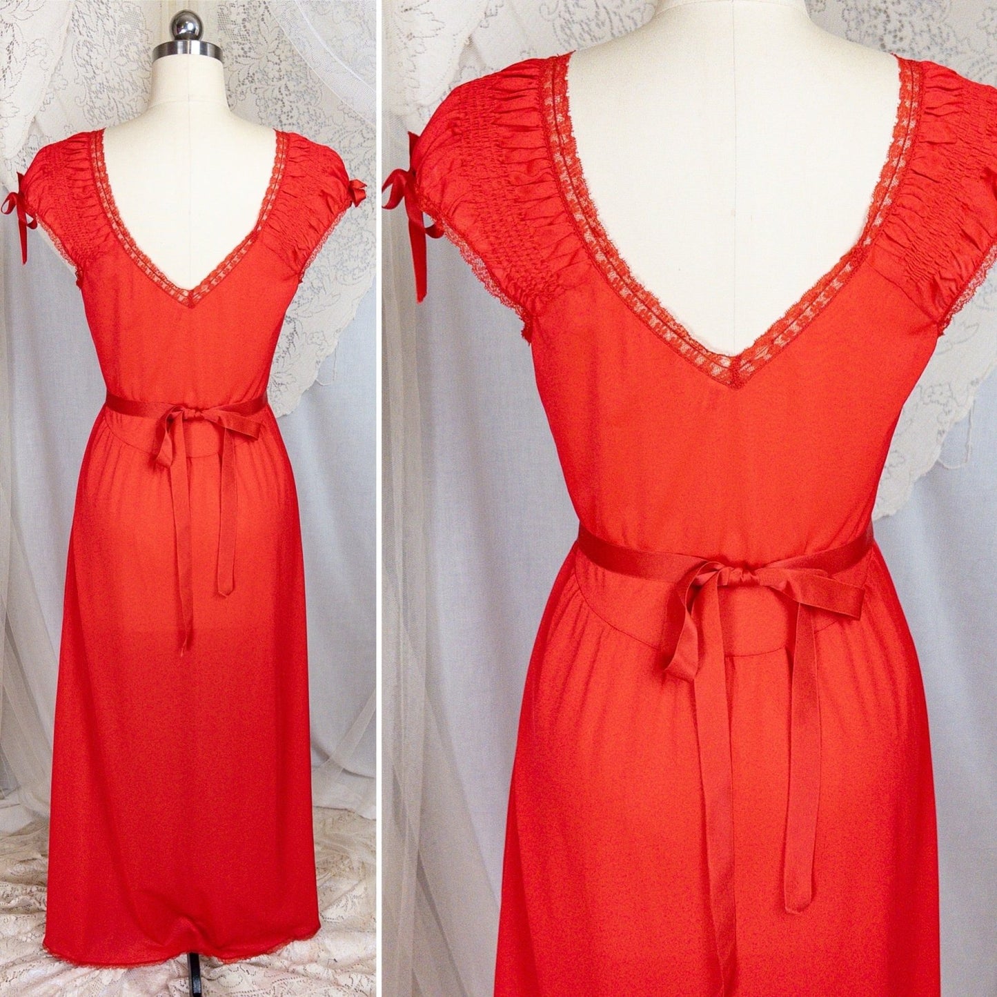 1950s - 1960s Nightgown - Crimson Red Nylon with Shirred Detail & Lace Trim by Artemis - Daggers & Dames