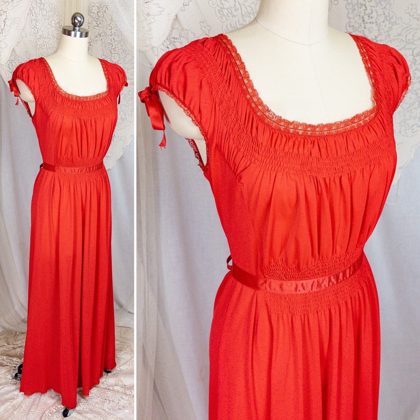 1950s - 1960s Nightgown - Crimson Red Nylon with Shirred Detail & Lace Trim by Artemis - Daggers & Dames
