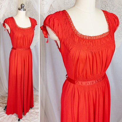 1950s - 1960s Nightgown - Crimson Red Nylon with Shirred Detail & Lace Trim by Artemis - Daggers & Dames