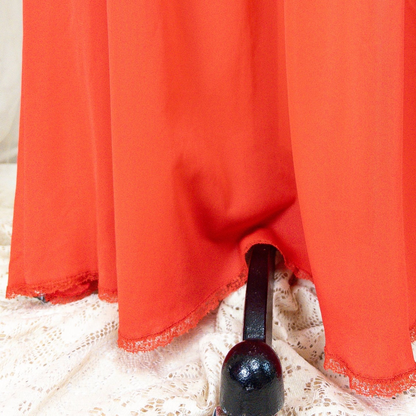 1950s - 1960s Nightgown - Crimson Red Nylon with Shirred Detail & Lace Trim by Artemis - Daggers & Dames