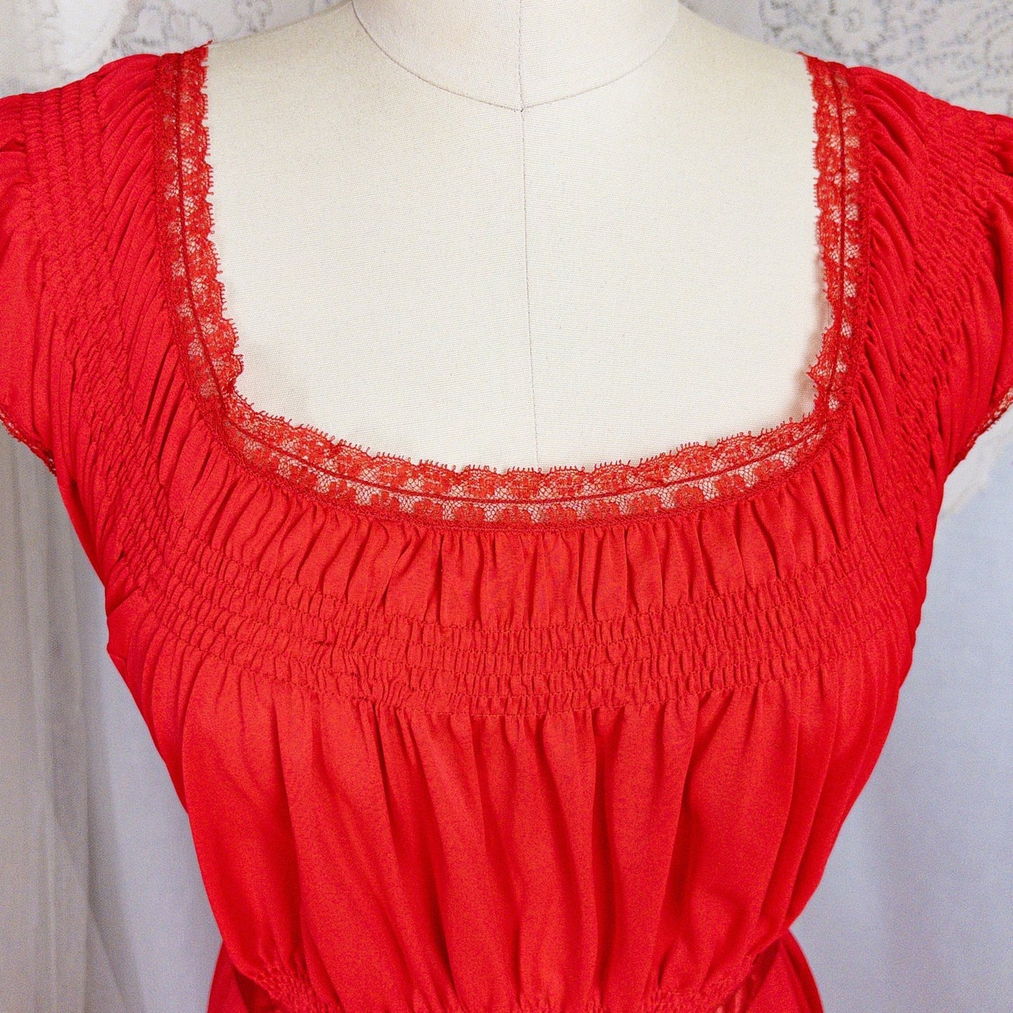 1950s - 1960s Nightgown - Crimson Red Nylon with Shirred Detail & Lace Trim by Artemis - Daggers & Dames