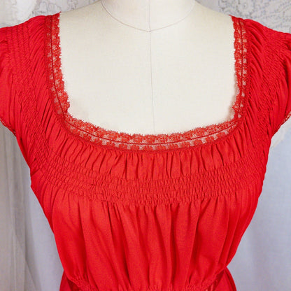 1950s - 1960s Nightgown - Crimson Red Nylon with Shirred Detail & Lace Trim by Artemis - Daggers & Dames